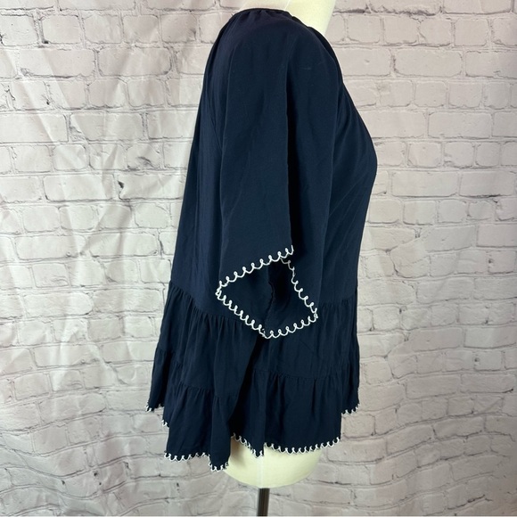 loft navy white 3/4 sleeve blouse key hole neck contrast stitching sz medium - Picture 2 of 8